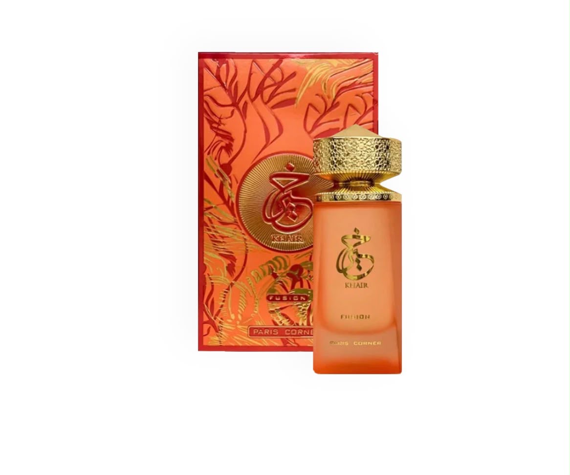 Parfum Khair Fusion, flacon corail et or avec son coffret