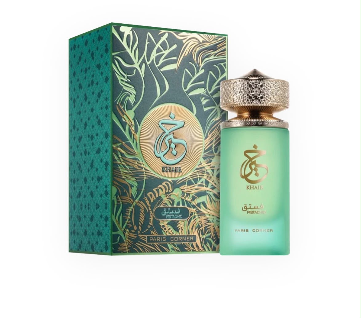 Parfum Khair Pistachio, flacon vert pistache avec son coffret
