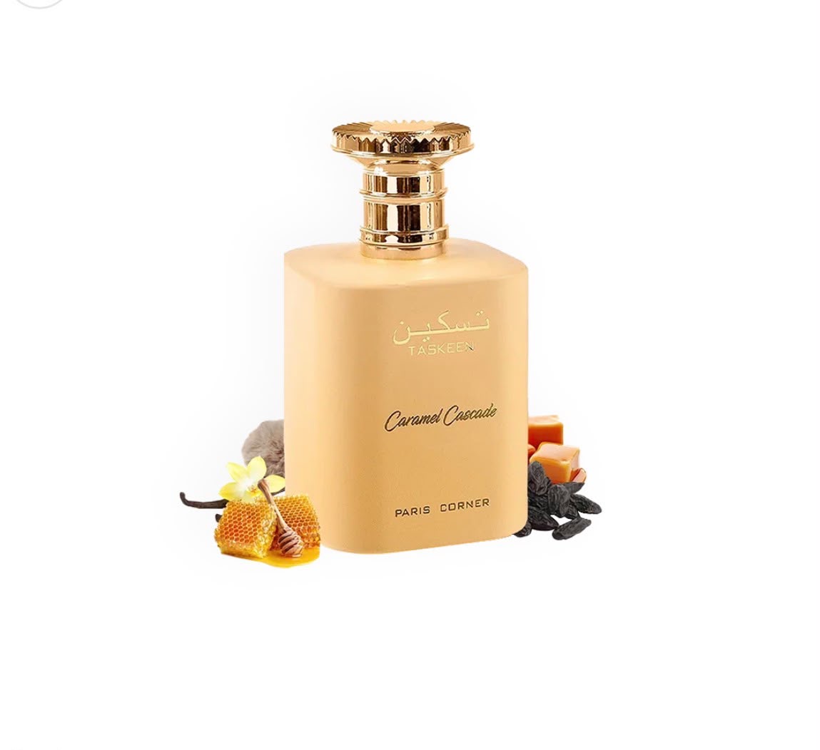 Parfum Taskeen Caramel Cascade, flacon beige et or de Paris Corner
