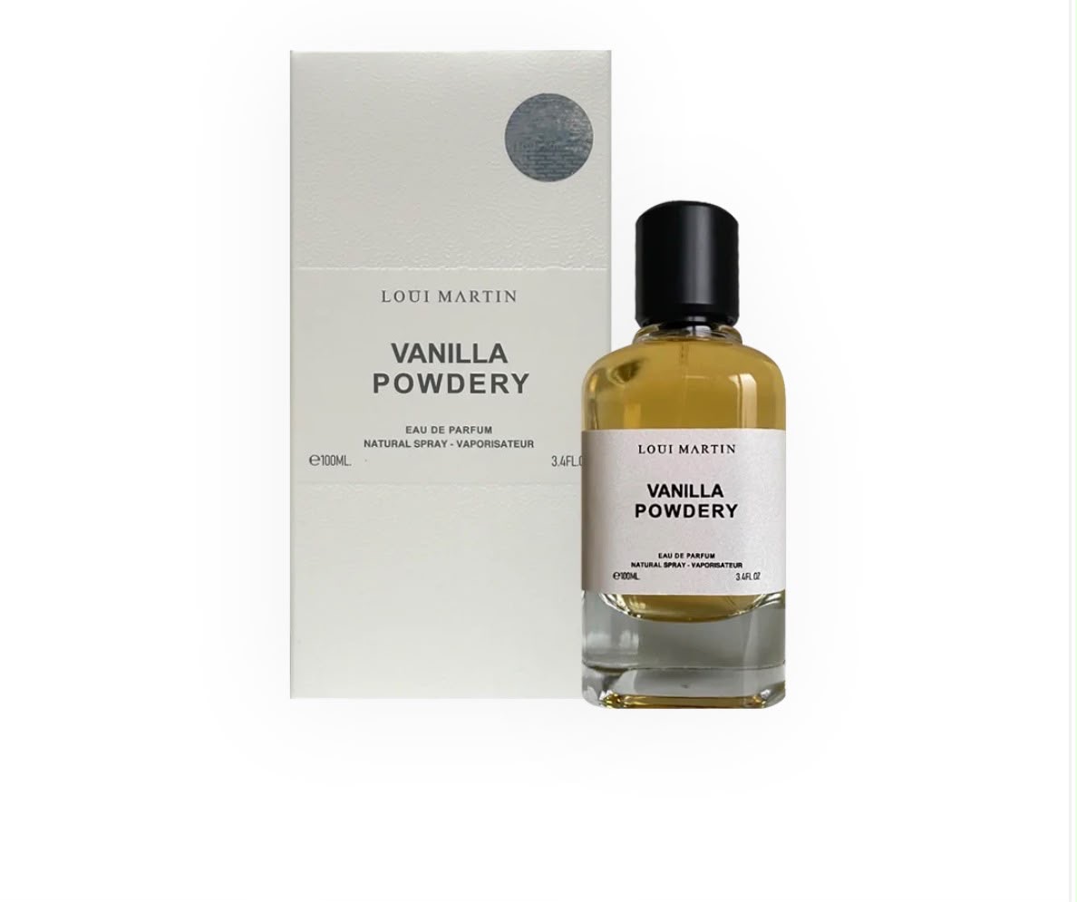 Parfum Loui Martin Vanilla Powdery, flacon transparent ambré avec son coffret ivoire