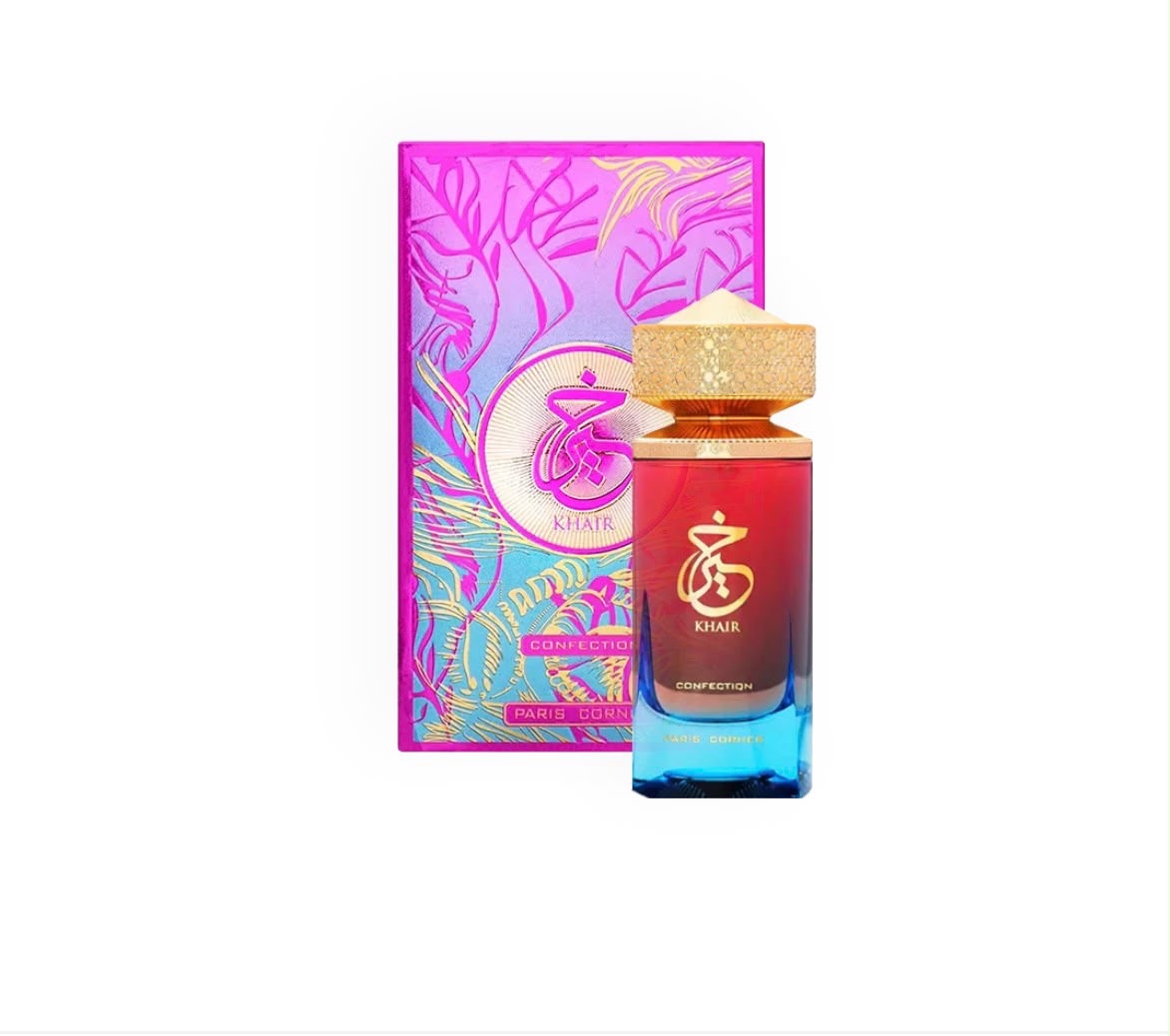 Parfum Khair Confection, flacon dégradé rose et bleu avec son coffret