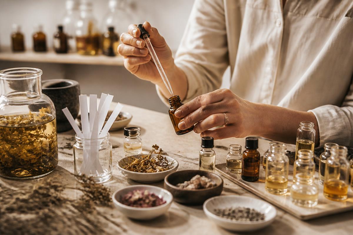 Mains d'une parfumeuse composant une essence dans son atelier