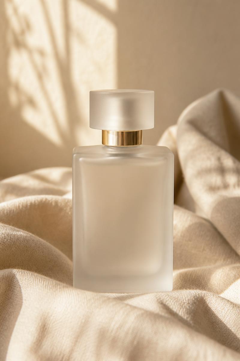 Flacon de parfum en verre dépoli posé sur du lin beige froissé
